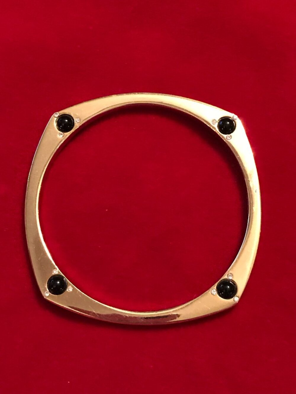 Vintage Gold Tone Square Bangle Bracelet Black Onyx Beads and Rhinestones